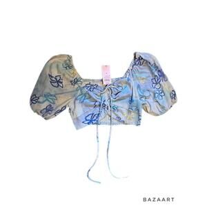 NWT Wild Fable Blue Puff Sleeve Summer Floral Crop Blouse